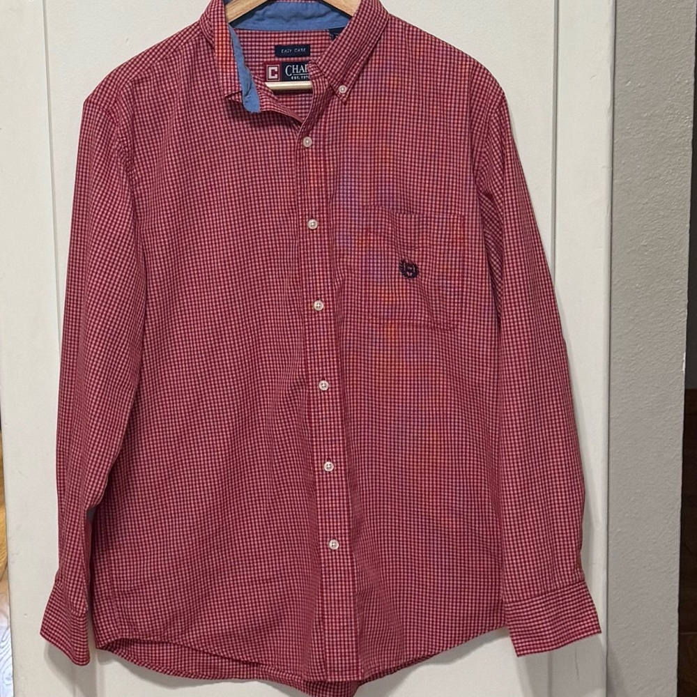 Chaps Button Down Checkered Shirt Easy Care Red White Long Sleeve Mens Size L
